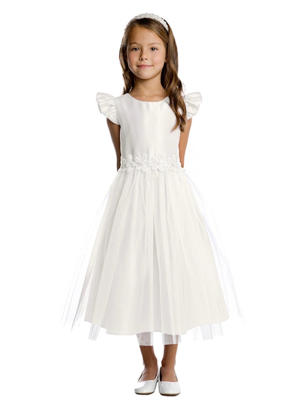 Sweet Kids SK948 White Flutter Sleeve Satin with Beaded Floral Trim